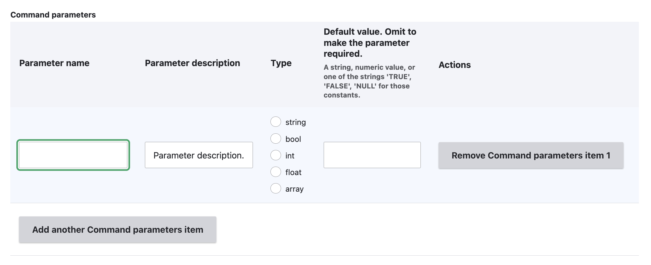 Screenshot of the Module Builder UI showing a table for entering command parameter details.