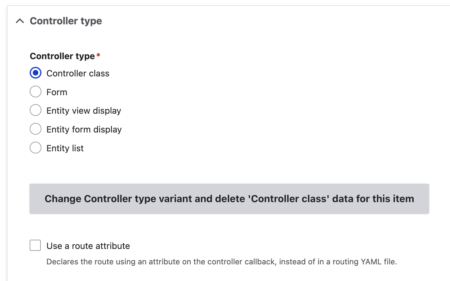 Screenshot of the Module Builder form, showing the new route attribute option.