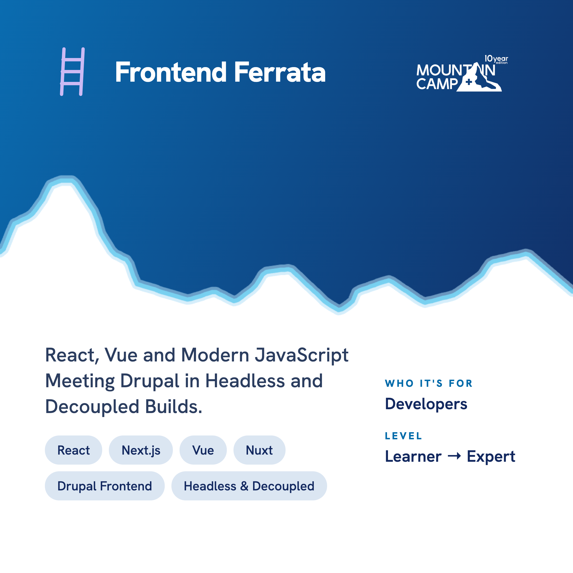 Mountain Camp 2027 session track graphic for Frontend Ferrata. Covers React, Vue and Modern JavaScript meeting Drupal in Headless and Decoupled Builds. Tags: React, Next.js, Vue, Nuxt, Drupal Frontend, Headless and Decoupled. For developers, level learner to expert. Mountain Camp 10 year edition logo top right.